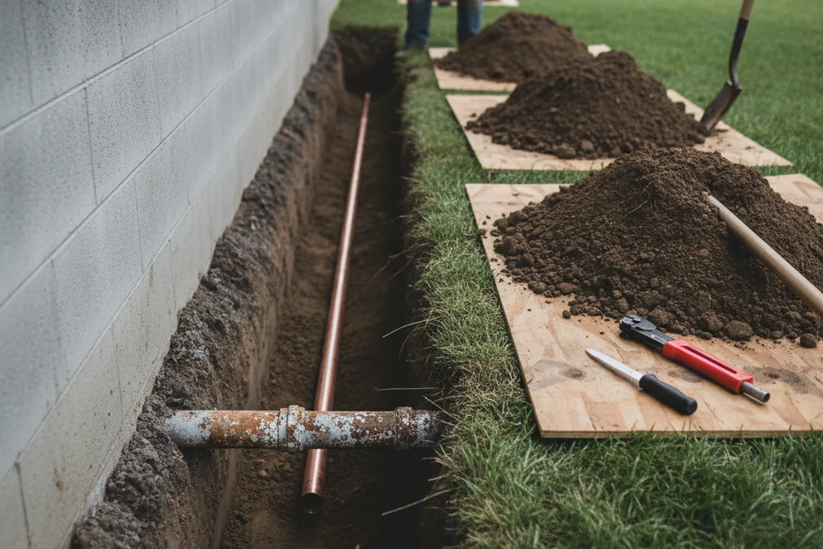 Excavated water line trench during Sewer Line Repair in Maybrook